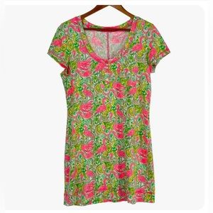 Lilly Pulitzer Britton Pink Flamingo 100% Cotton Knit T- Shirt Dress,Sz L,Great